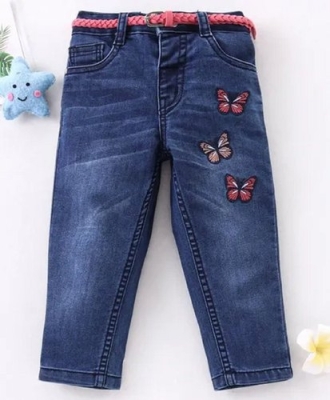 Regular Denim Girl Jeans With Belt Button